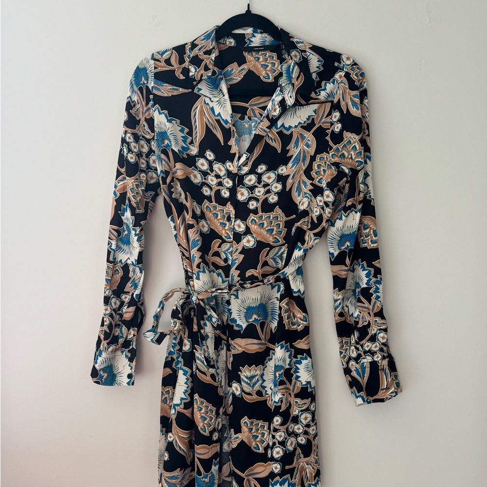 Vero Moda Floral Long Sleeve Tie-Waist Dress - Black, Blue & Tan